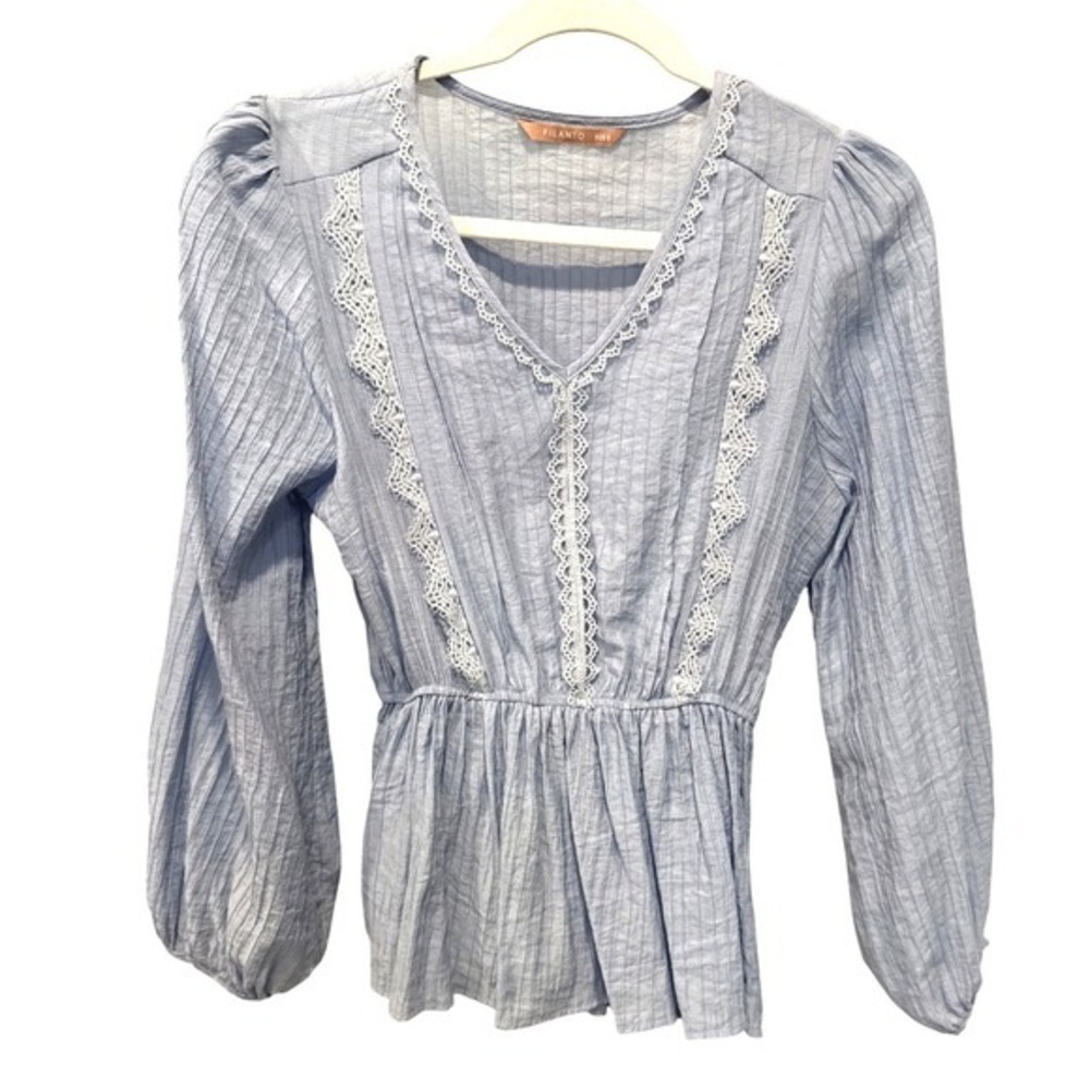 Filanto Cottagecore Peplum Prairie Top Lace Trim Long Puff Sleeve Sz S Blue Boho